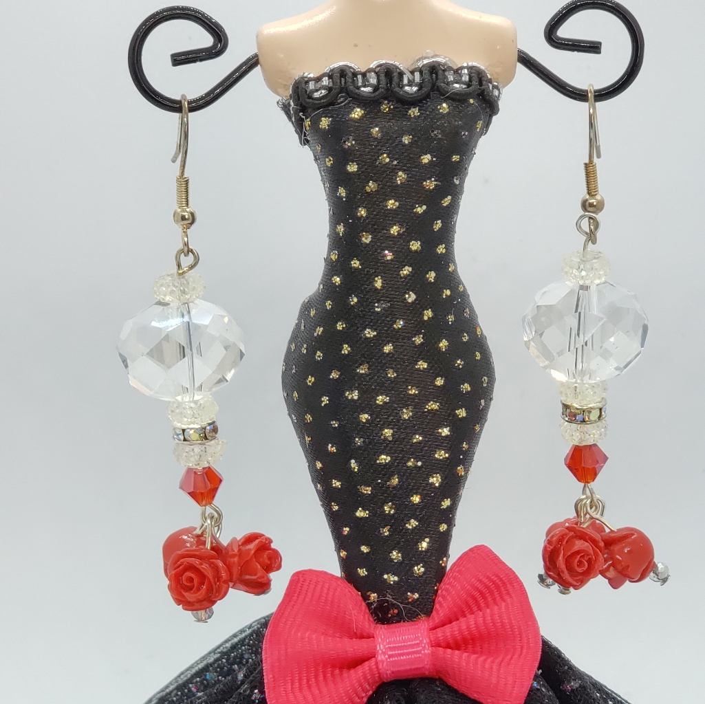 Crystal Earrings With Dangling Roses